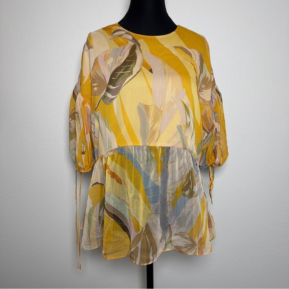 Ted Baker Darcila Floral Peplum Top Size 4 (US 10) Yellow Puff Sleeve - Picture 3 of 9